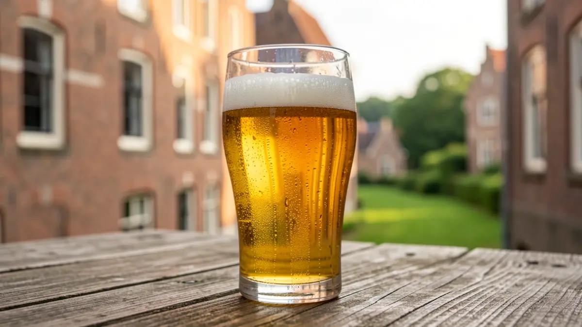Een close-up van een glas lambiekbier met een gouden gloed, condens op het glas, rustend op een rustieke houten tafel. Op de wazige achtergrond, traditionele Vlaamse architectuur met bakstenen gevels en een vleugje groen landschap. Zacht, warm middaglicht.
