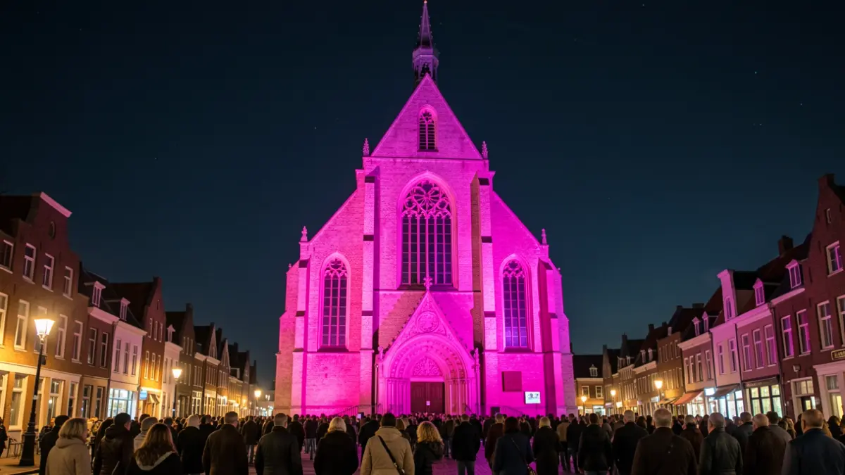 The OL Vrouwekerk in Vosselaar illuminated in a pink glow.