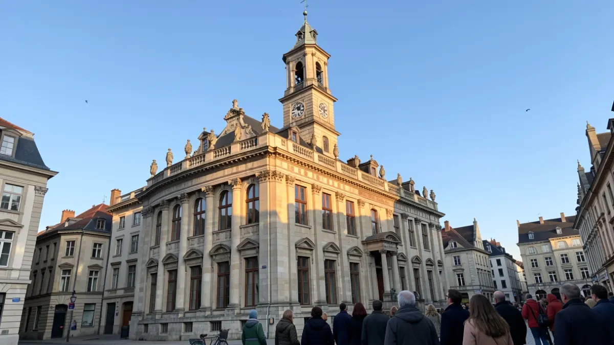 Stadhuis van een Belgische gemeente met typische architectuur, bij warm zonlicht.