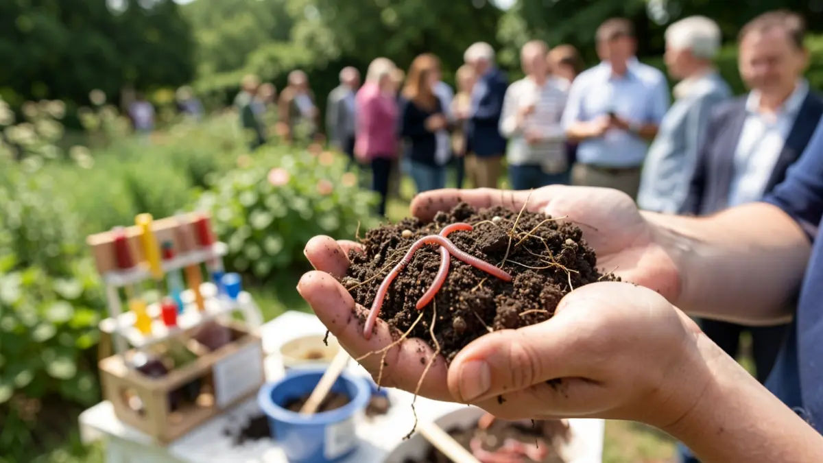 Een hand die een bodemmonster vasthoudt met regenwormen en wortels, met een wazige achtergrond van een tuin en een doe-het-zelfpakket.