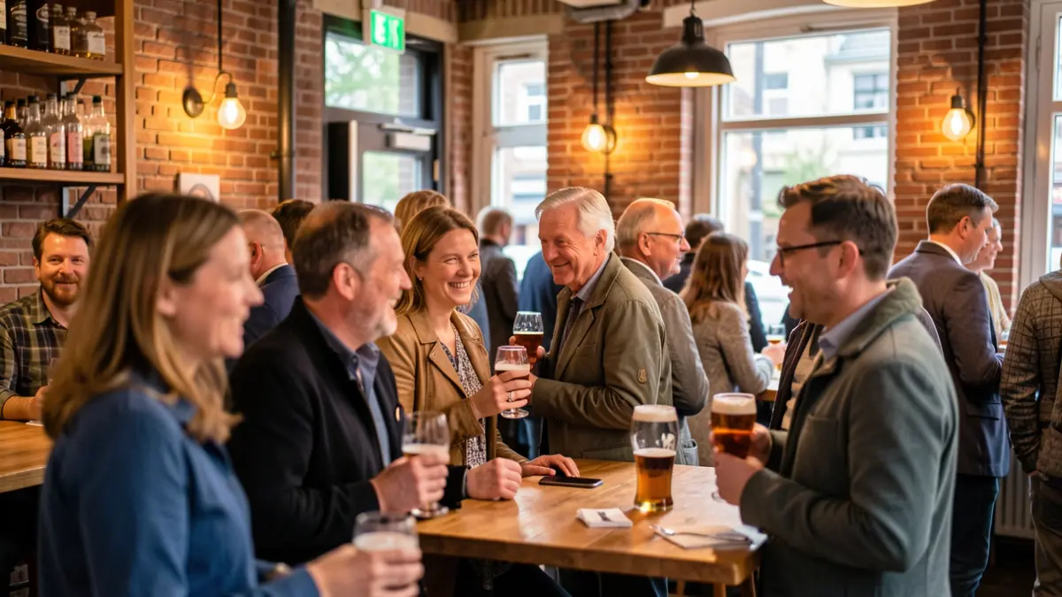 Informal gathering in a brewery with people talking and holding drinks, warm atmosphere.