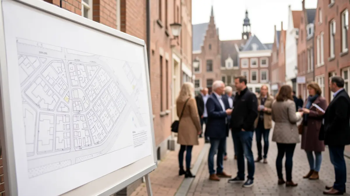 An information board displaying a street plan of a Flemish city, with blurred silhouettes of people interacting in the background. The architecture is typically Flemish.