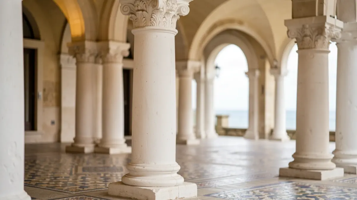 Detailed shot of columns and mosaic tiles inside the Royal Galleries in Ostend, with soft lighting.