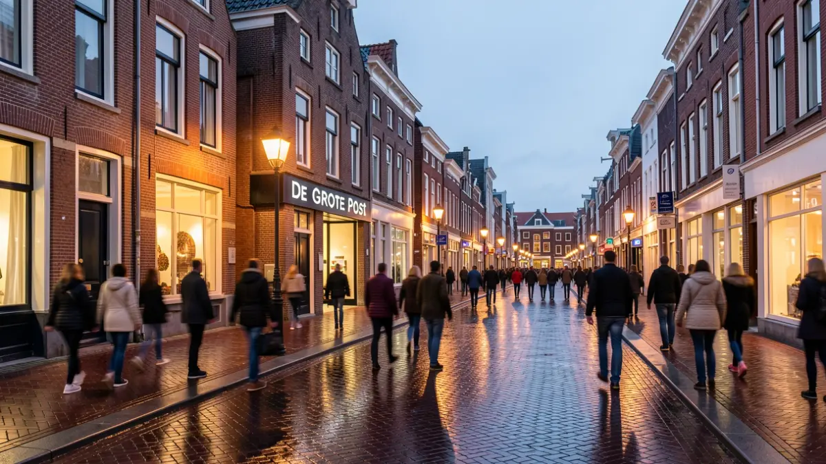 A street scene in Oostende at dusk, showing the entrance to 'De Grote Post' cultural center and the Lijnbaanstraat, with blurred figures and warm streetlights reflecting on wet pavement.