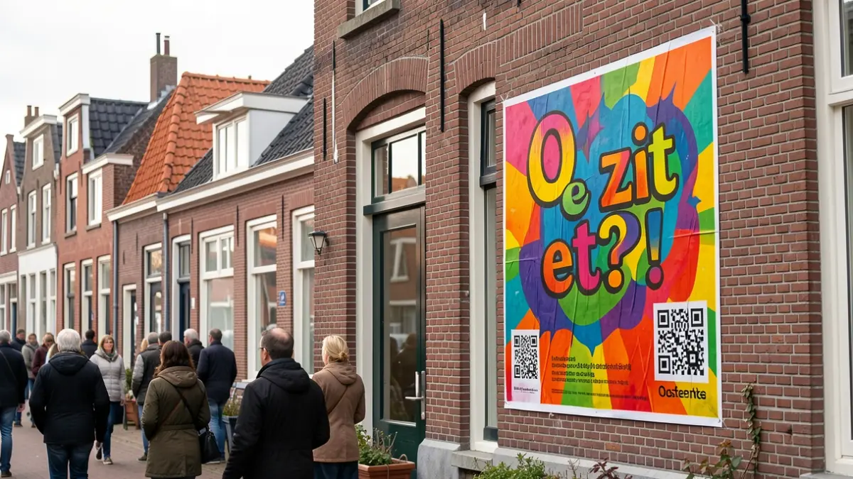 Poster with the slogan 'Oe zit et?!' on a facade in Oostende.