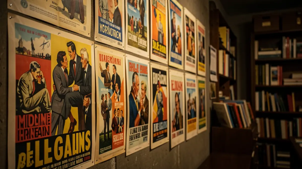 Collectie van oude Belgische filmposters uit de jaren '50 en '60, tentoongesteld in een archiefruimte.