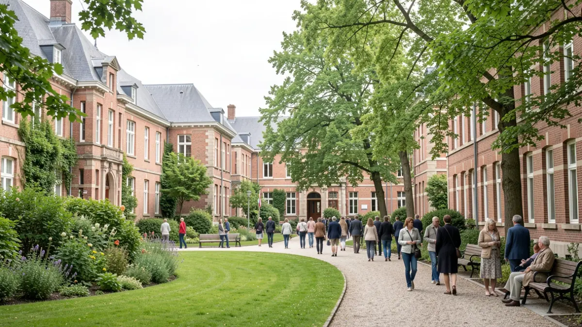 Een serene campus in Rekem, België, met historische gebouwen en groene ruimtes, gericht op de rustige sfeer van een GGZ-instelling.