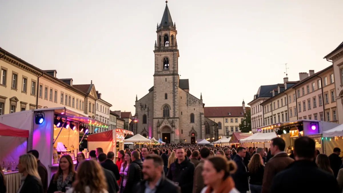 A historic church tower with a bell tower, photographed from an elevated perspective with atmospheric elements like pop-up bars and silent disco lights in the foreground.