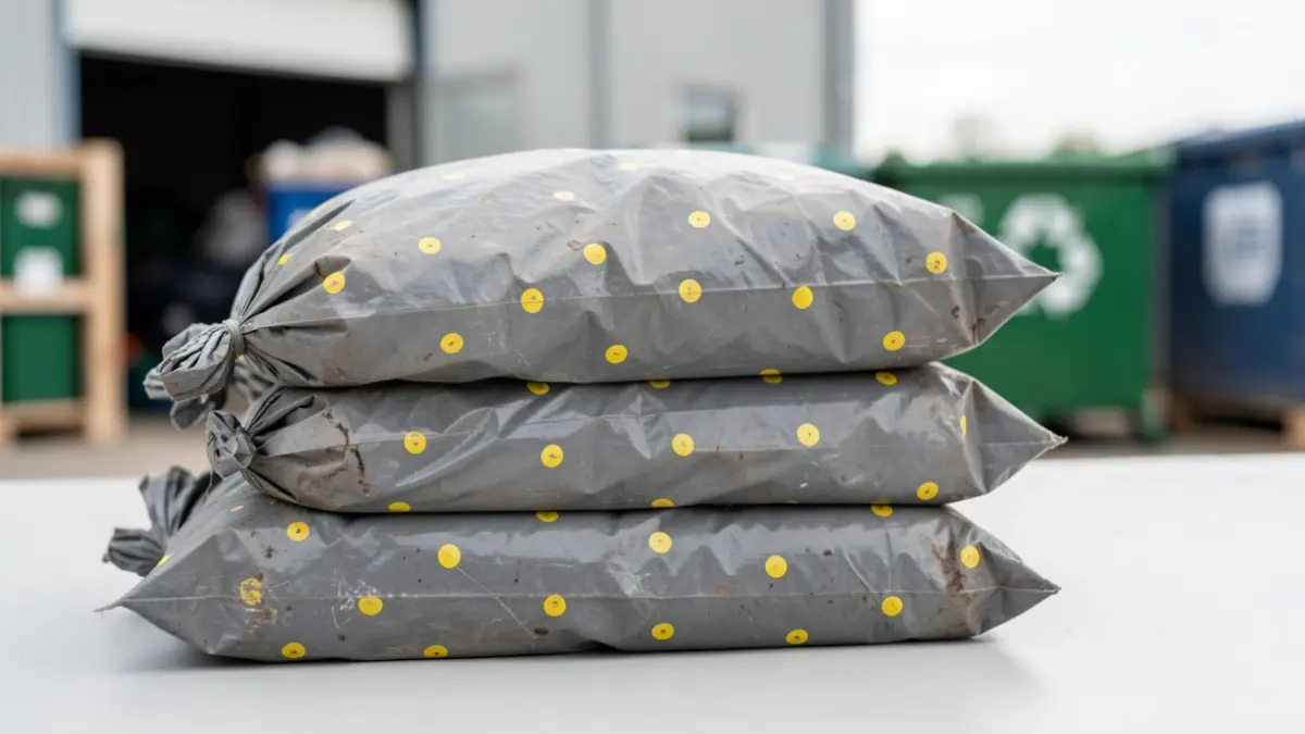 Grey garbage bags with yellow dots, ready for collection or exchange.