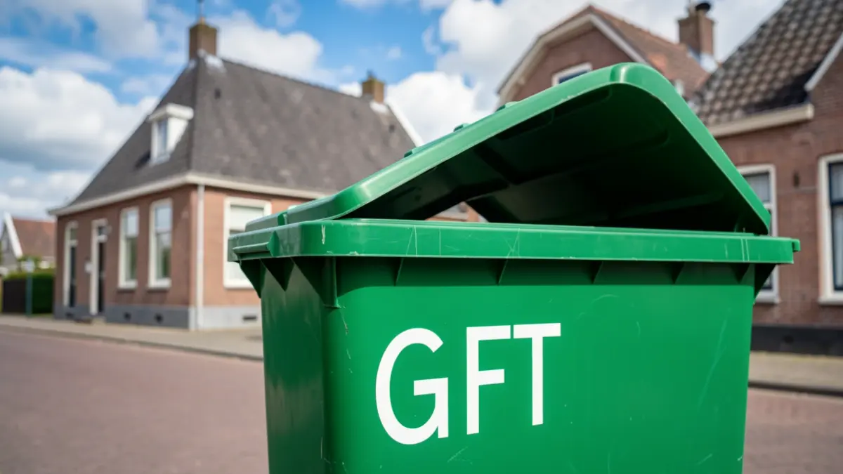 Green GFT container on a Flemish street with a house in the background.