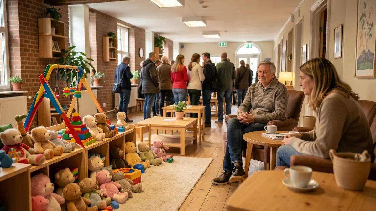 Gezellige en veilige speelruimte voor kinderen met zacht speelgoed en een rustige plek voor volwassenen met koffie.