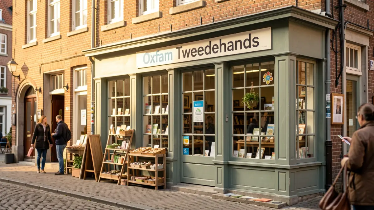 Shopfront of Oxfam Tweedehands in Knokke-Heist announcing a discount.