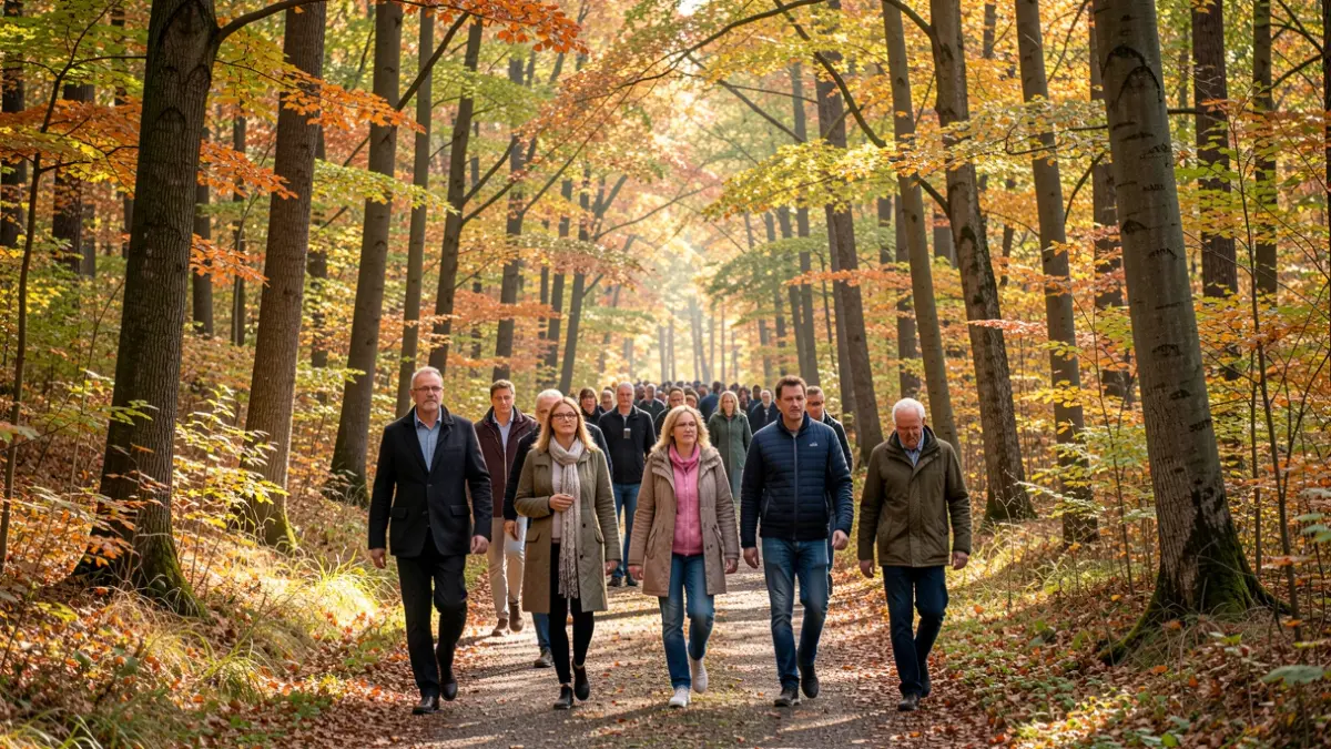 Groepsfoto van een paddenstoelenwandeling in een herfstbos met zonlicht dat door de bladeren valt.