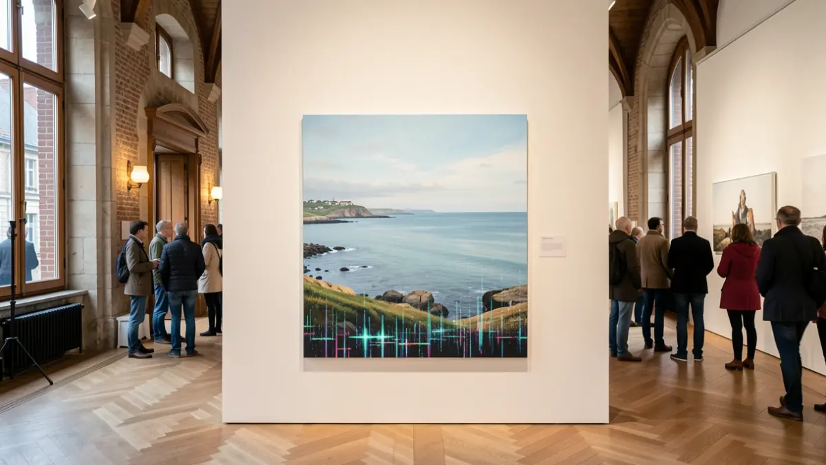 A painting blending an idyllic landscape with a subtle digital glitch, exhibited in an art gallery in Bredene.