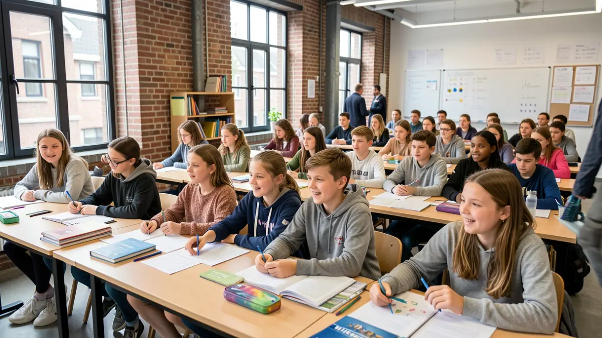 Generieke afbeelding van een klaslokaal met enthousiaste leerlingen in Vlaanderen.