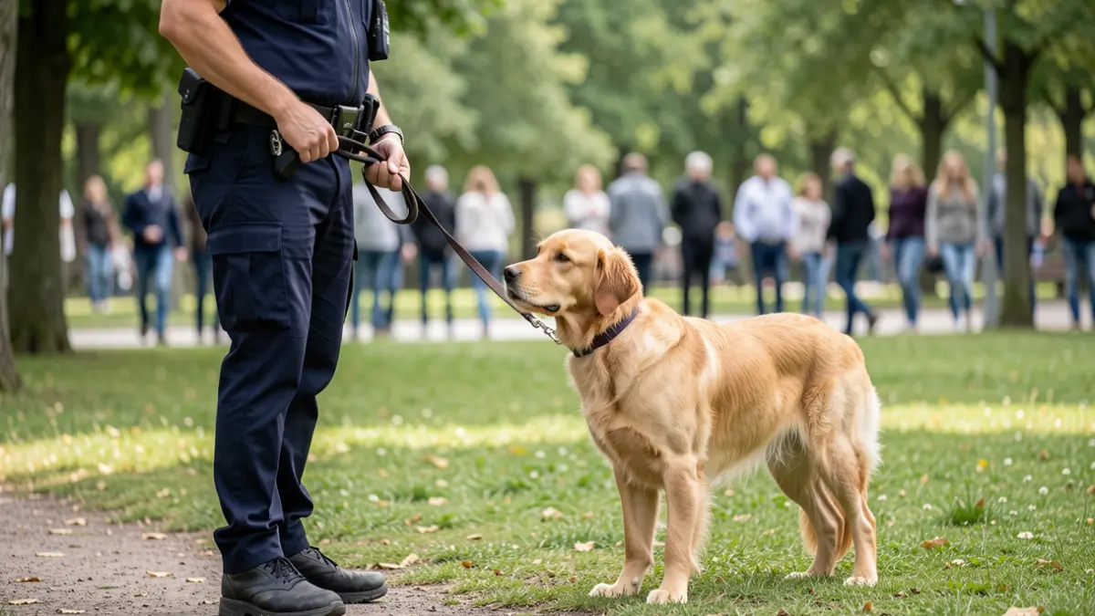 Een politieagent in uniform, van de middel naar beneden gefotografeerd, die interacteert met een hond aan de lijn in een park. De hond kijkt aandachtig naar de agent. Zacht, natuurlijk daglicht. Focus op de interactie en de omgeving, niet op gezichten.