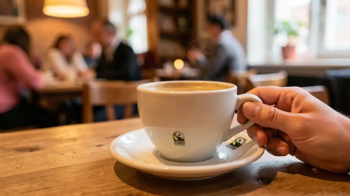 Een hand die een kopje koffie vasthoudt met een Fair Trade logo, warme sfeer.