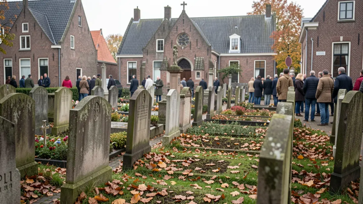 A cemetery in Flanders during autumn, with gravestones and fallen leaves. The atmosphere is solemn and commemorative.