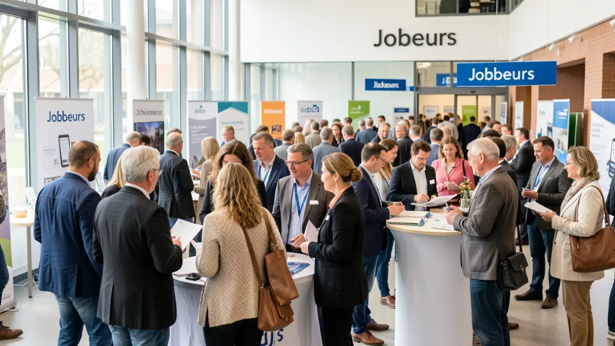 Een diverse groep werkzoekenden en werkgevers op een regionale jobbeurs in Vlaanderen.