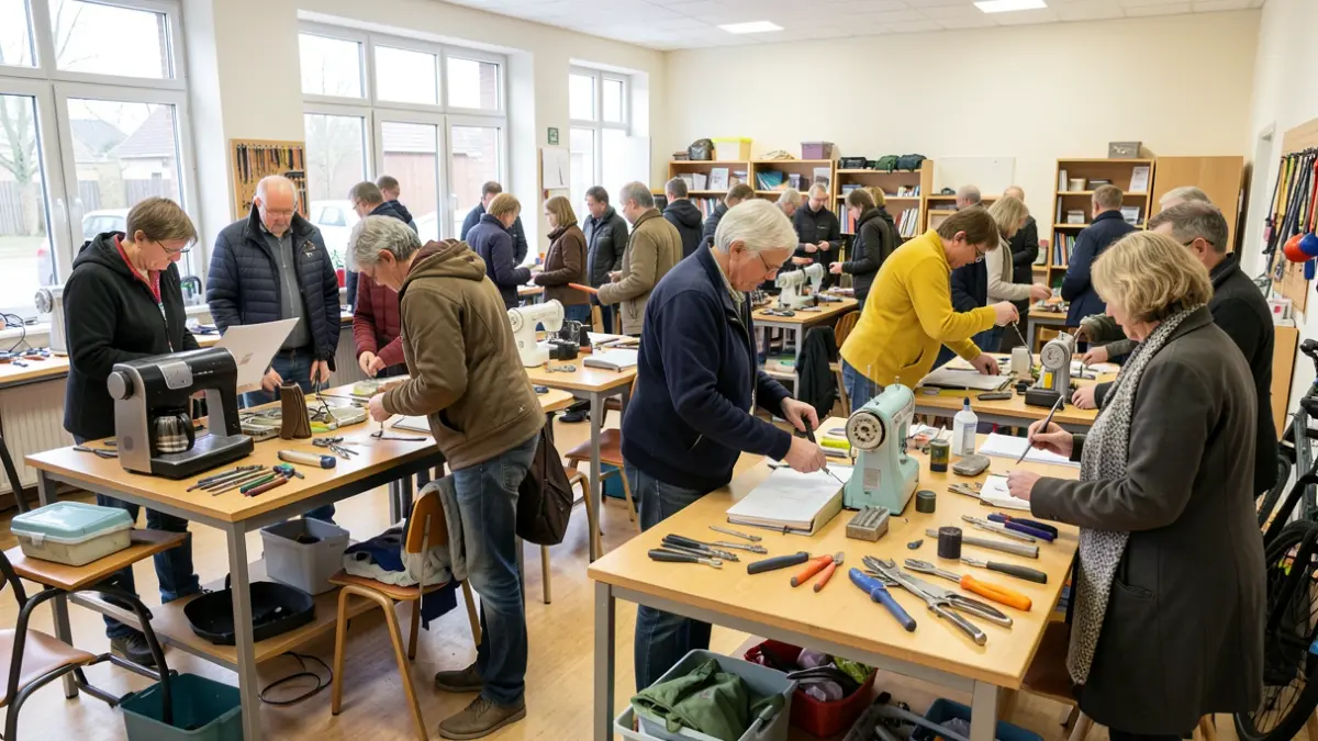 Een Repair Café in een gemeenschapscentrum in Vlaanderen, met vrijwilligers die helpen bij het repareren van kapotte spullen.