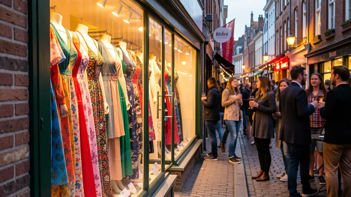 Festive shopping street during a 'Retail Rave' event with music, fashion, and drinks. No text or logos.