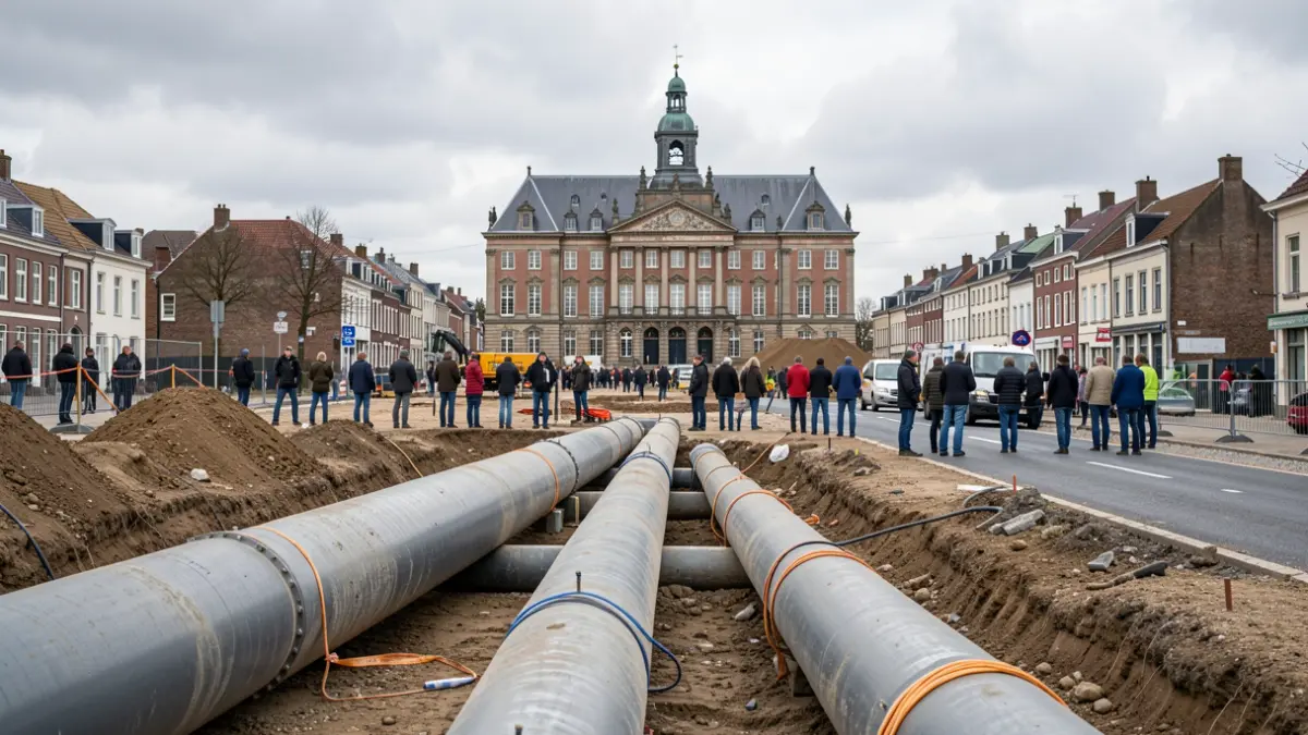 Bouwplaats met grote leidingen voor nieuwe riolering en wegheraanleg in Erkegem, met op de achtergrond een Vlaamse gemeentehuis.