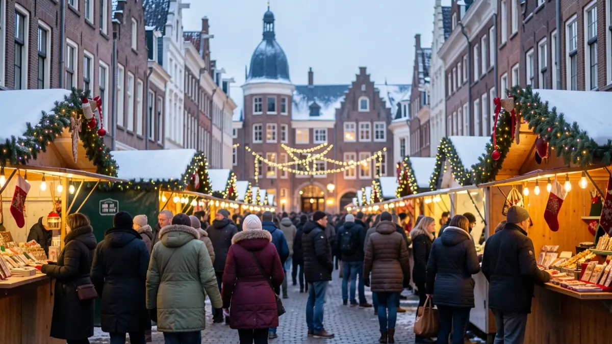 Feestelijke wintermarkt met kraampjes en zachte avondverlichting.