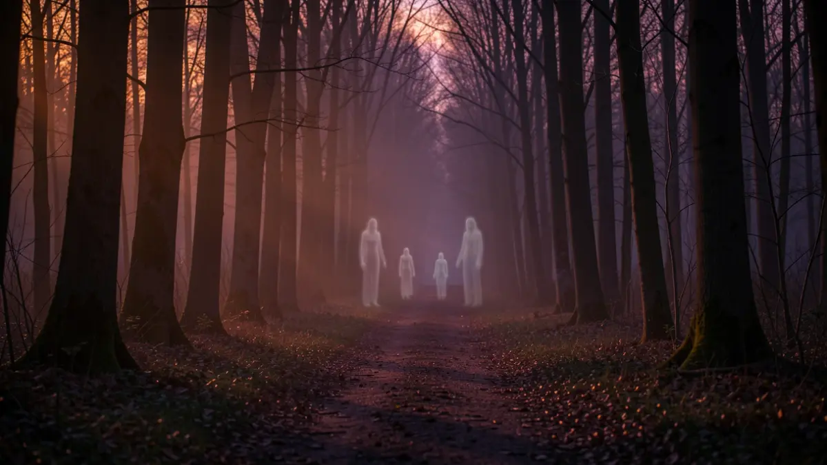A spooky forest path at dusk with faint, ethereal figures among the trees.
