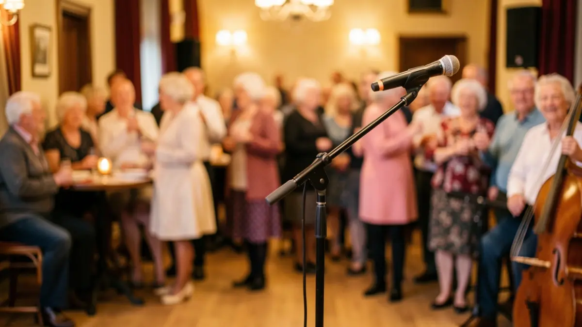 Generic image of a cozy senior citizens' party with a microphone on a stage, soft lighting, and a festive atmosphere.