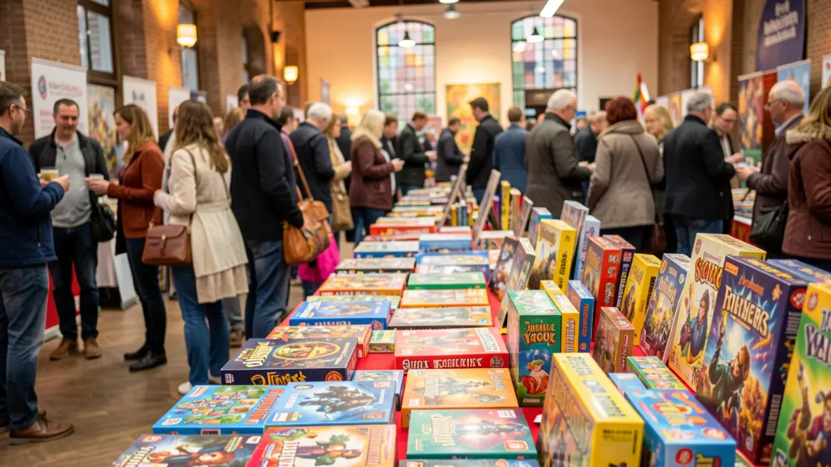 A vibrant indoor scene at a game festival in Flanders, showcasing a variety of board games and trading cards on display tables. In the background, blurred figures of people mingle and interact. The atmosphere is lively and colorful, with soft ambient lighting. Focus on the games and the general festive mood, avoiding any specific text or identifiable faces.