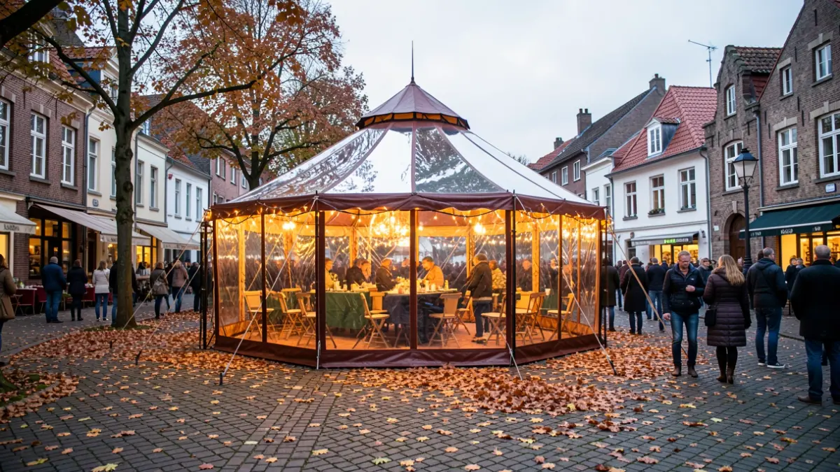 Feestelijke spiegeltent op een dorpsplein in Olen, met warme verlichting en herfstbladeren.
