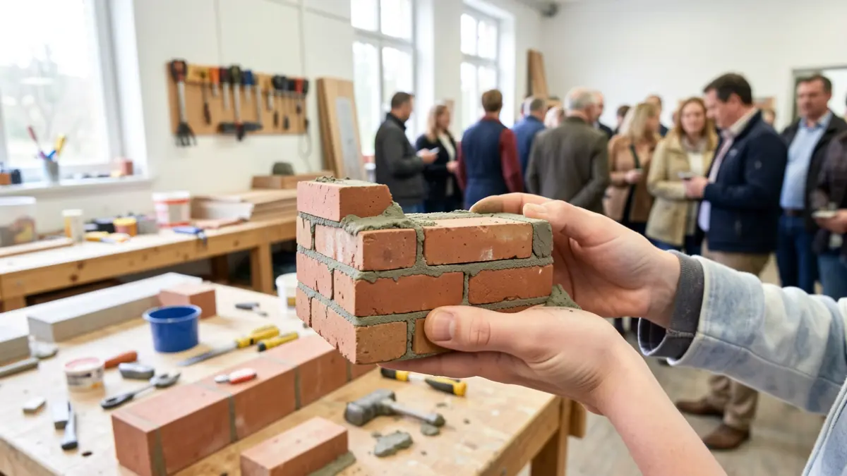 A child's hand holding a small, partially built brick wall with cement, in a bright workshop setting with tools and building materials visible in the background. Focus on the construction theme.