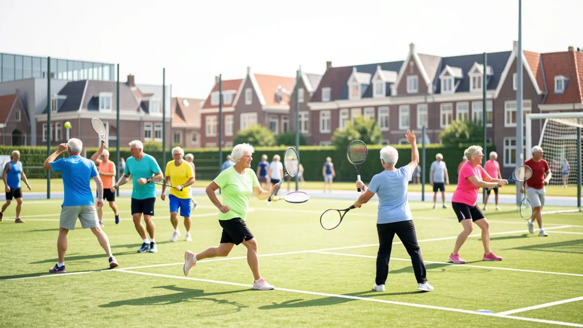 Group of seniors enjoying sports activities at Lago Rozebroeken, Gent.