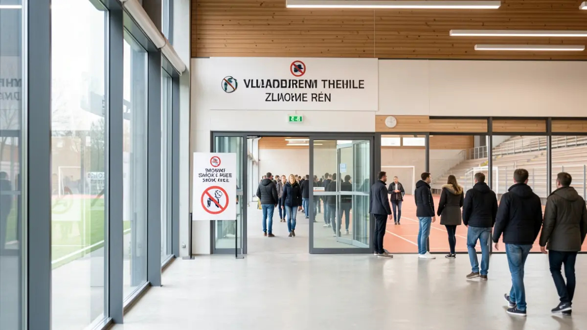 A smoke-free entrance of the 't Solveld sports hall in Tielt-Winge, featuring clear signage and a tidy environment.