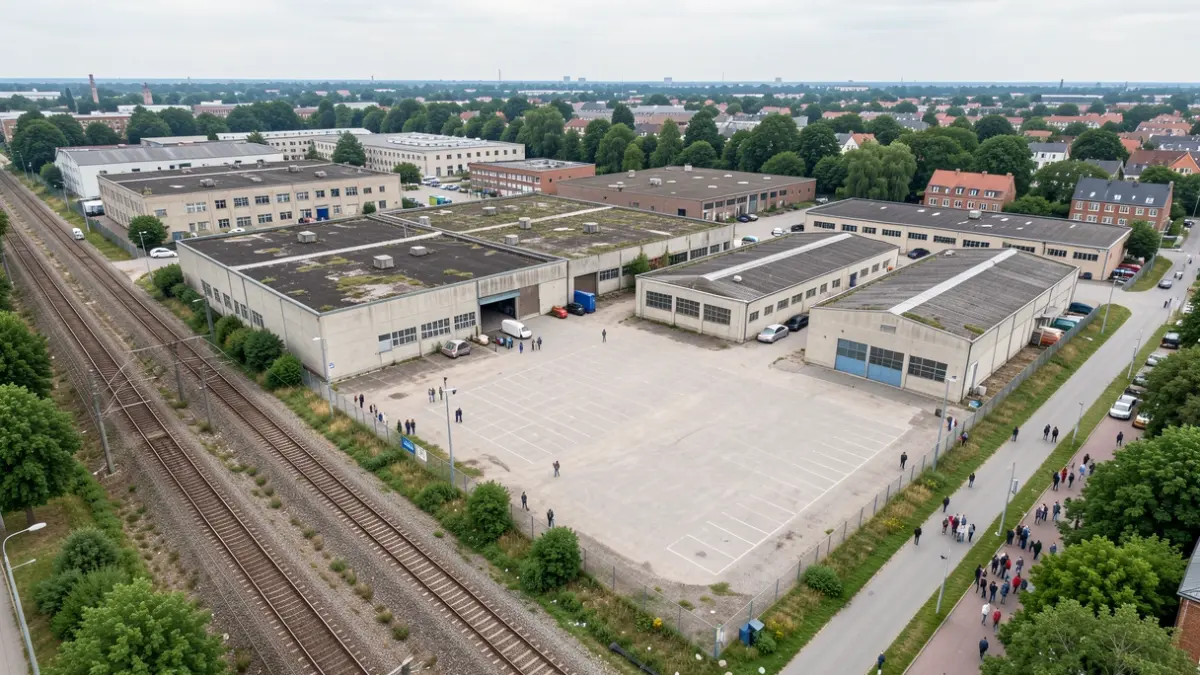 Aerial view of a large, partially neglected industrial site with buildings and outdoor space, bordering a railway embankment and greenery, with redevelopment potential.
