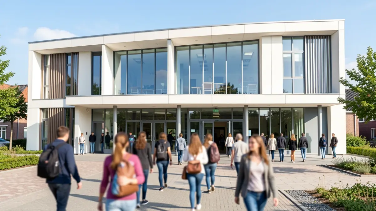 Modern educational building in Geel with students in the foreground.