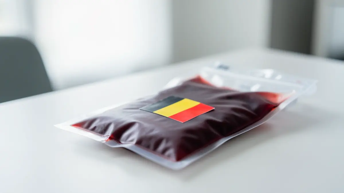 Close-up of a blood donation bag with a small Belgian flag sticker, resting on a clean, modern surface. Soft, diffused lighting. Focus on the bag, background slightly blurred.