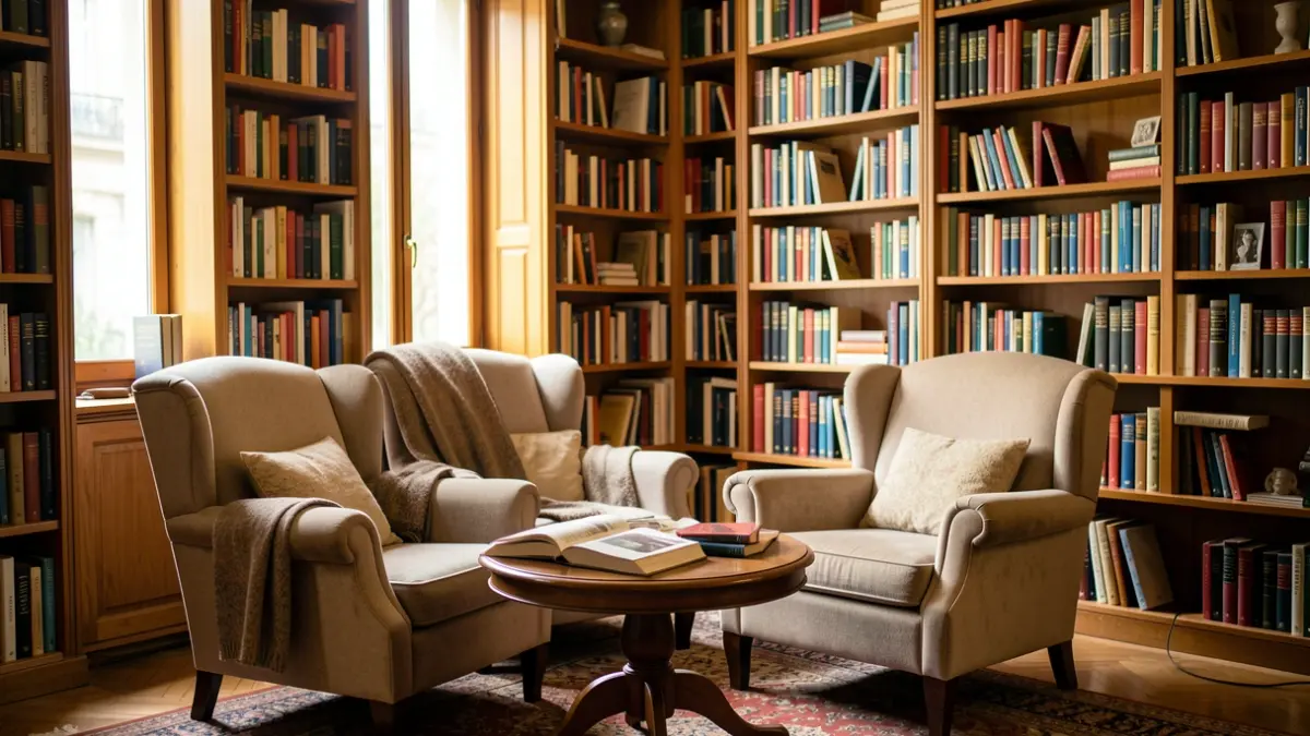 Generieke afbeelding van een gezellige leeshoek in een bibliotheek met boekenrekken.