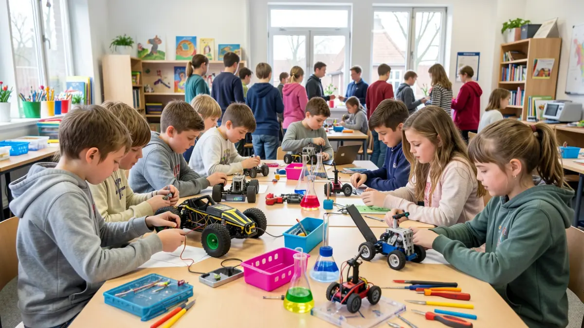 Children aged 9-14 participating in a STEM workshop in Maldegem, building robots and go-karts.