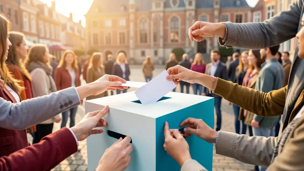 Abstracte weergave van gemeenschapsprojecten en burgerparticipatie in Wezembeek-Oppem, met handen die stemmen uitbrengen.