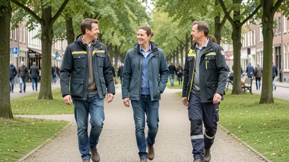Straathoekwerkers in gesprek met een inwoner in een park in Aalst.
