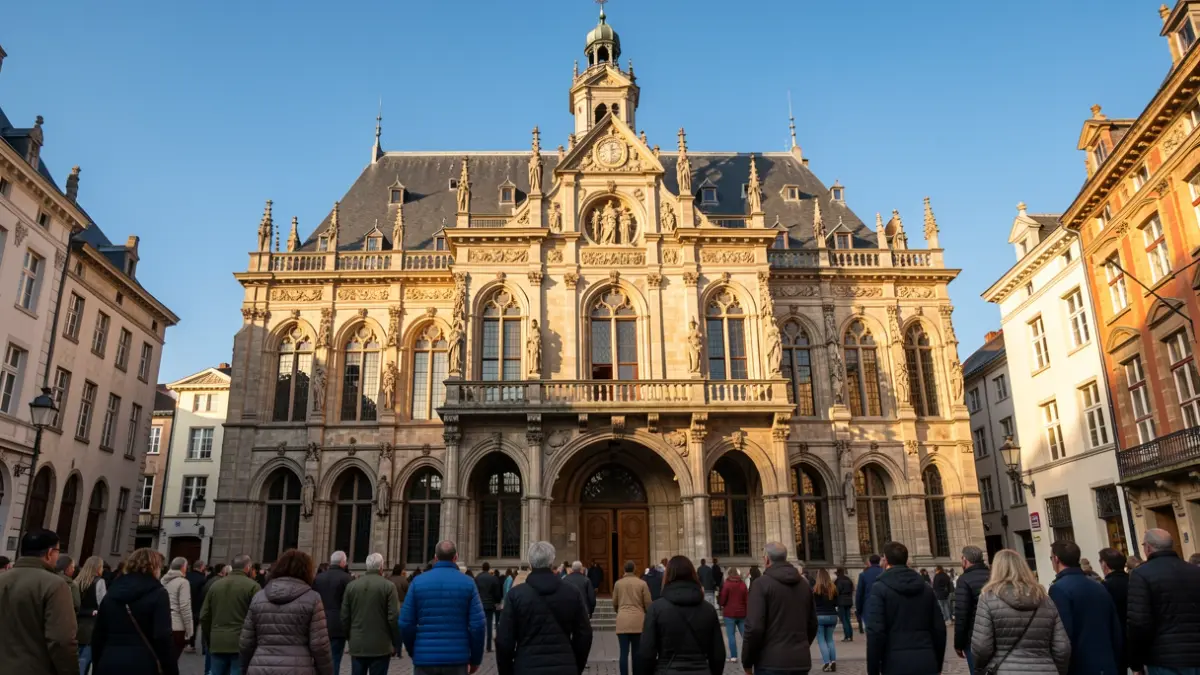 Facade of a Flemish town hall with a balcony, in the afternoon sun.