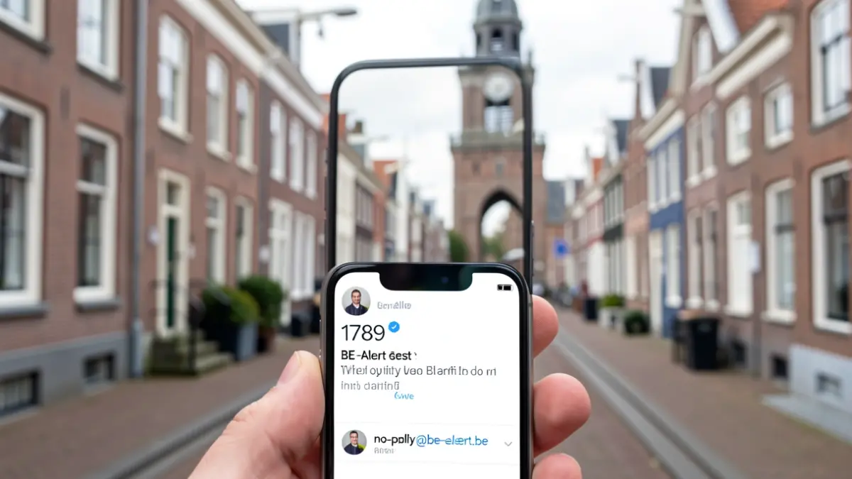 Een smartphone met een BE-Alert testbericht, met op de achtergrond een typische Vlaamse straat.