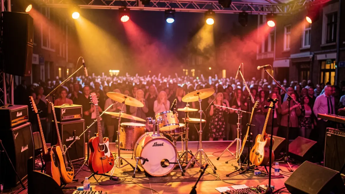 A stage with musical instruments and an audience during a concert.