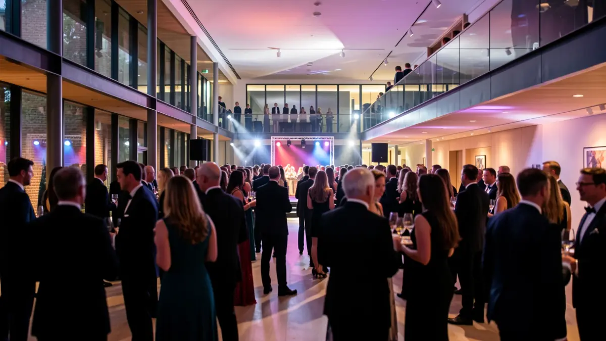 Feestelijke gala-avond in een Vlaams cultuurhuis met gedimde verlichting en onduidelijke silhouetten van genodigden, sfeer van viering.