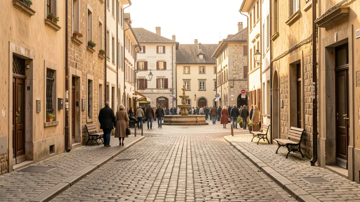 Een schilderachtig wandelpad in een historisch stadscentrum met kasseien en oude gebouwen, verlicht door warm middaglicht.