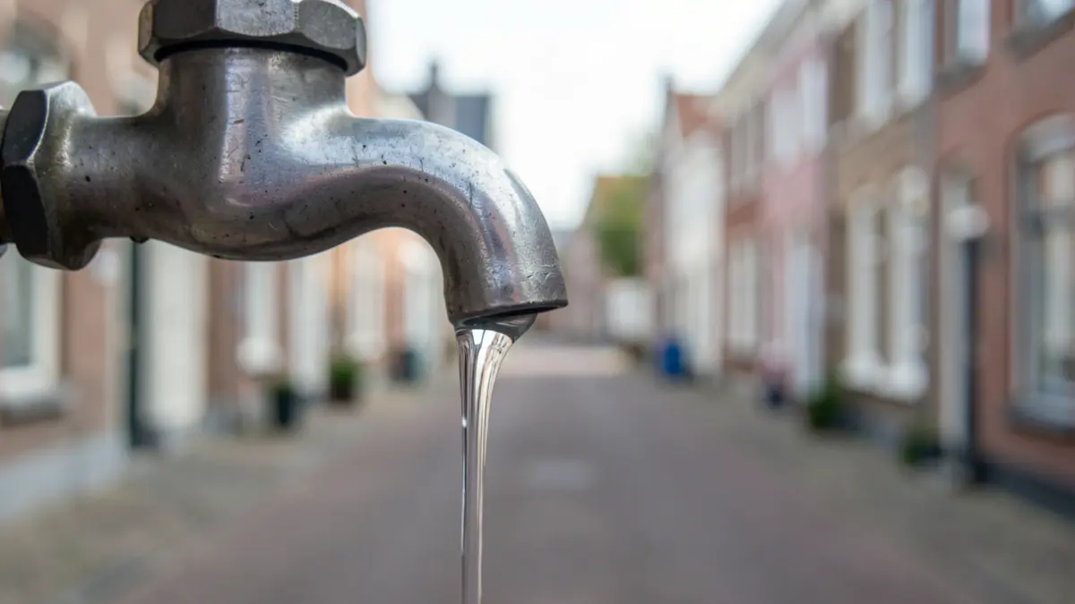 Close-up of a dripping tap with clear water, with a blurred background of a residential street in Flanders.