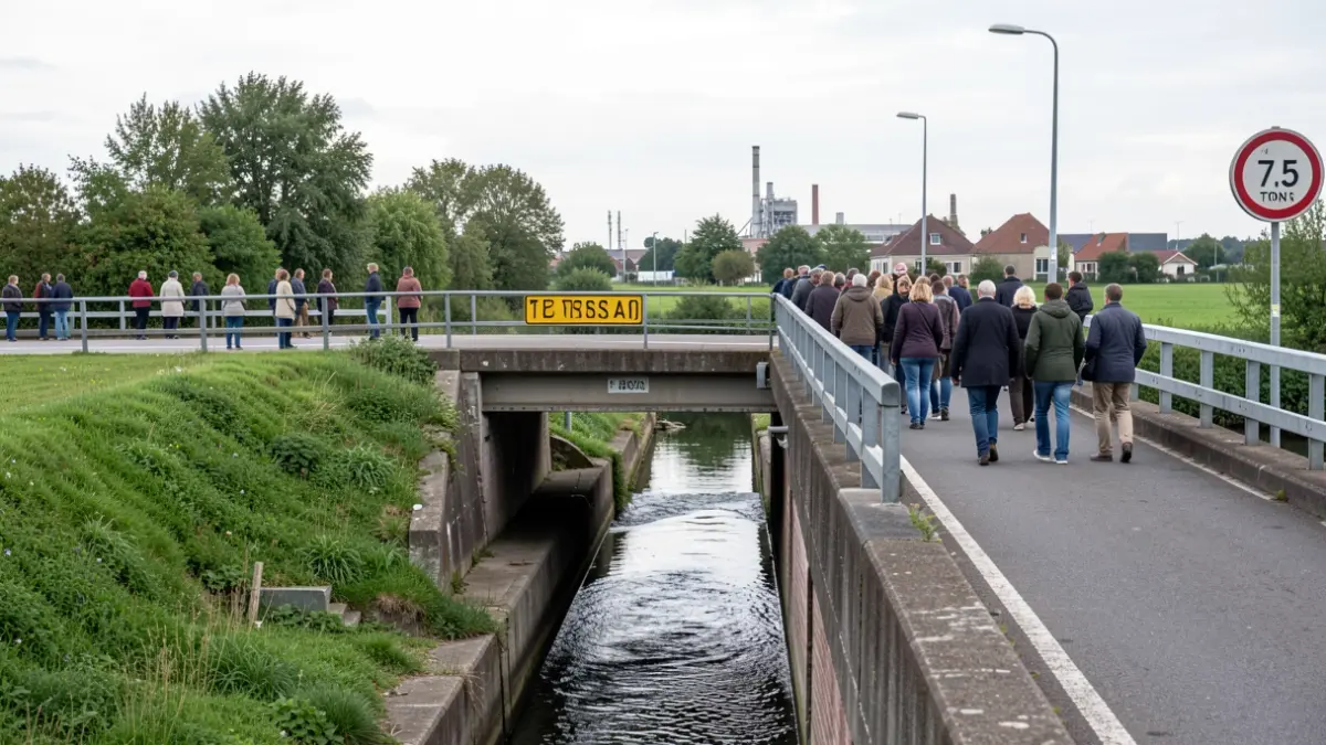 A bridge in Flanders with a tonnage restriction and narrowed lanes.