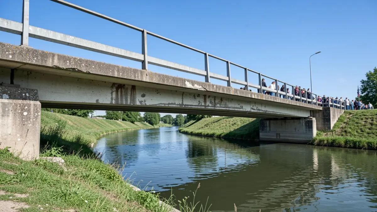 Een betonnen brug over een kanaal met slijtage, met groene oevers en een blauwe lucht.