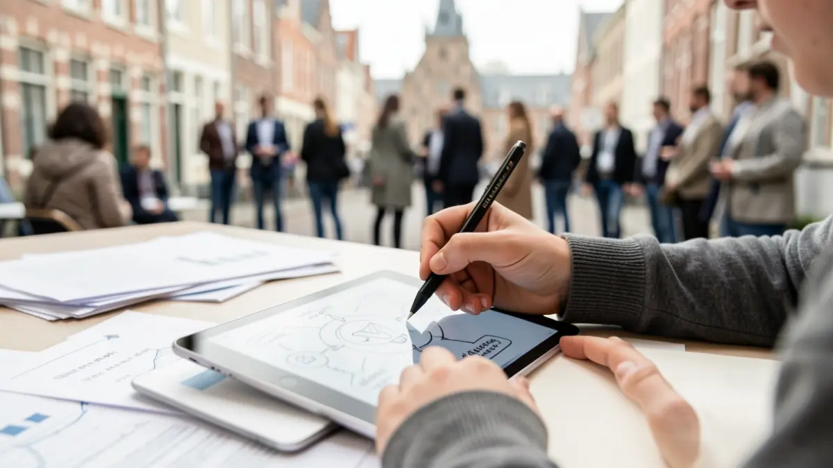 Gedetailleerde afbeelding van een student die een innovatief idee uitwerkt op een tablet, met de stad Brugge op de achtergrond.